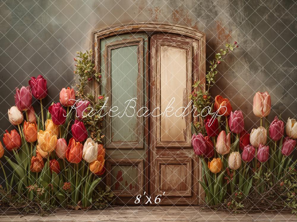 Kate Spring Fine Art Vintage Door Tulips Printed Backdrop Designed by Emetselch