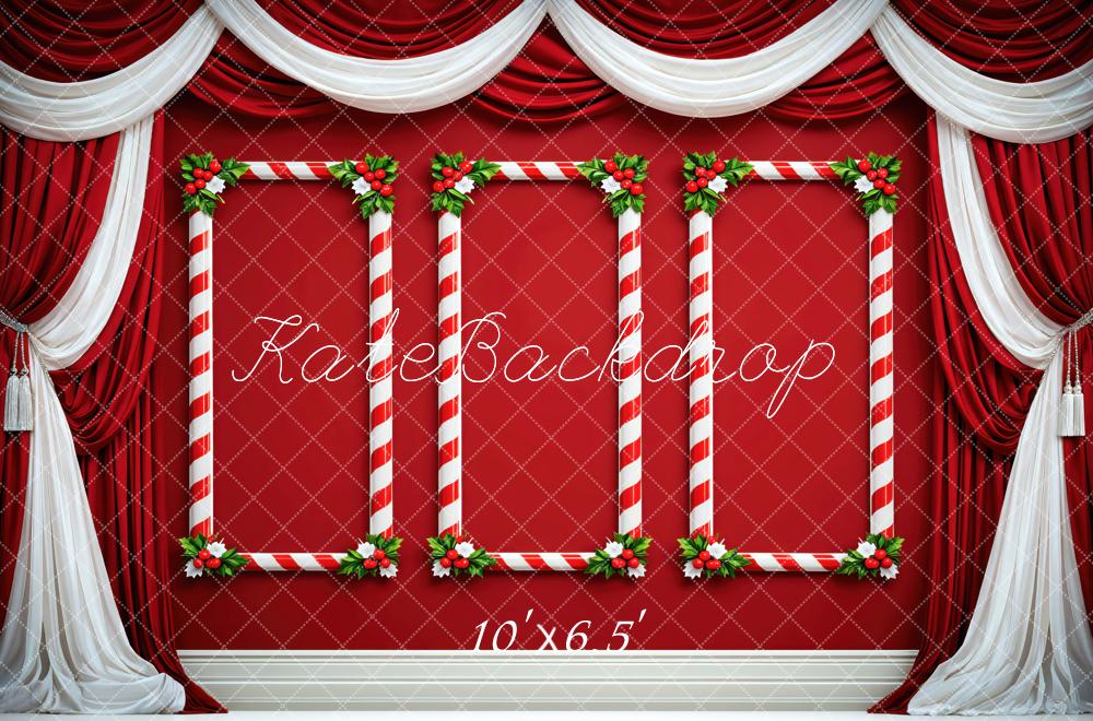 Kate Christmas Red Candy Cane Frame Curtain Printed Backdrop Designed by Mini MakeBelieve