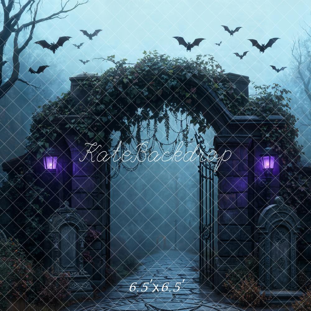 Kate Halloween Gothic Cemetery Arch Bats Foggy Forest Backdrop Designed by Emetselch