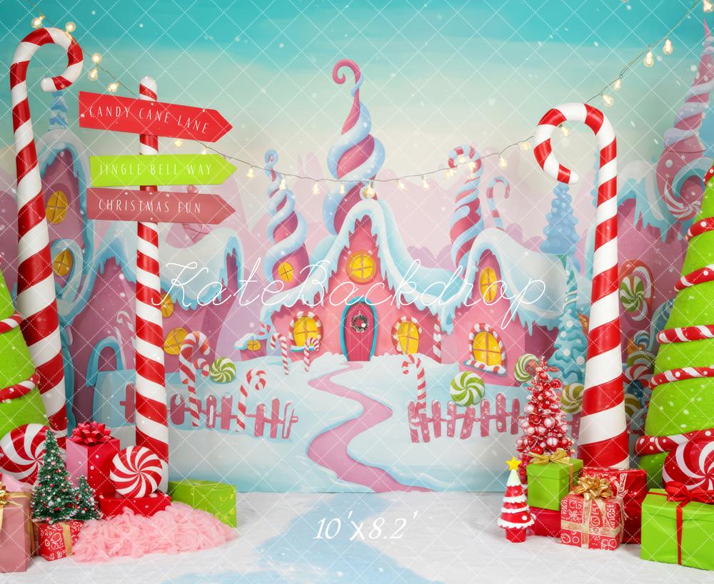 Kate Christmas Candy Cane Gingerbread House Presents Backdrop Designed by Patty Roberts
