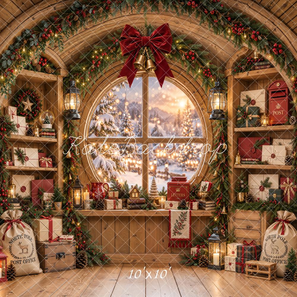 Lightning Deal Kate Christmas Rustic Workshop Gifts Circle Arched Window Bow Printed Backdrop Designed by Emetselch