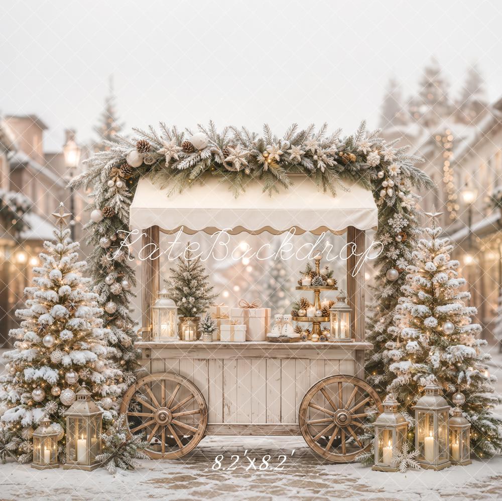 Kate Christmas Snowy Street Market Cart Trees Lanterns Printed Backdrop Designed by Emetselch