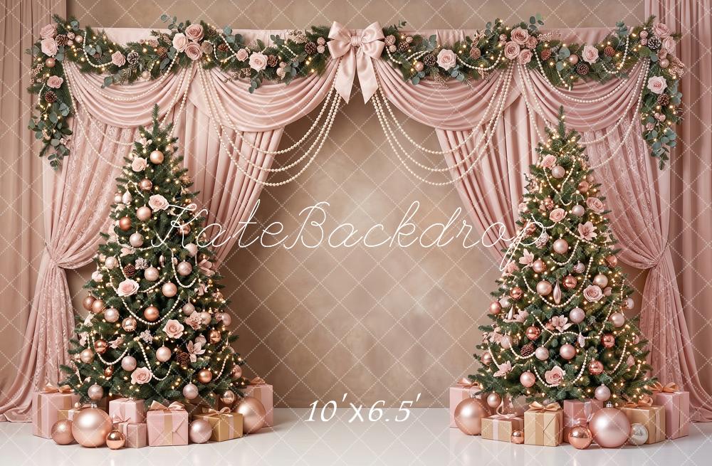 Kate Christmas Trees Pink Drapes Pearl Swags Floral Printed Backdrop Designed by Angela Miller