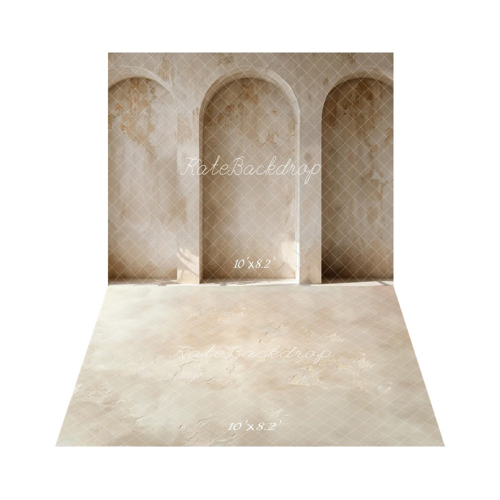 Kate Vintage Arched Alcove Wall Printed Backdrop+Beige Abstract Texture Printed Floor Backdrop