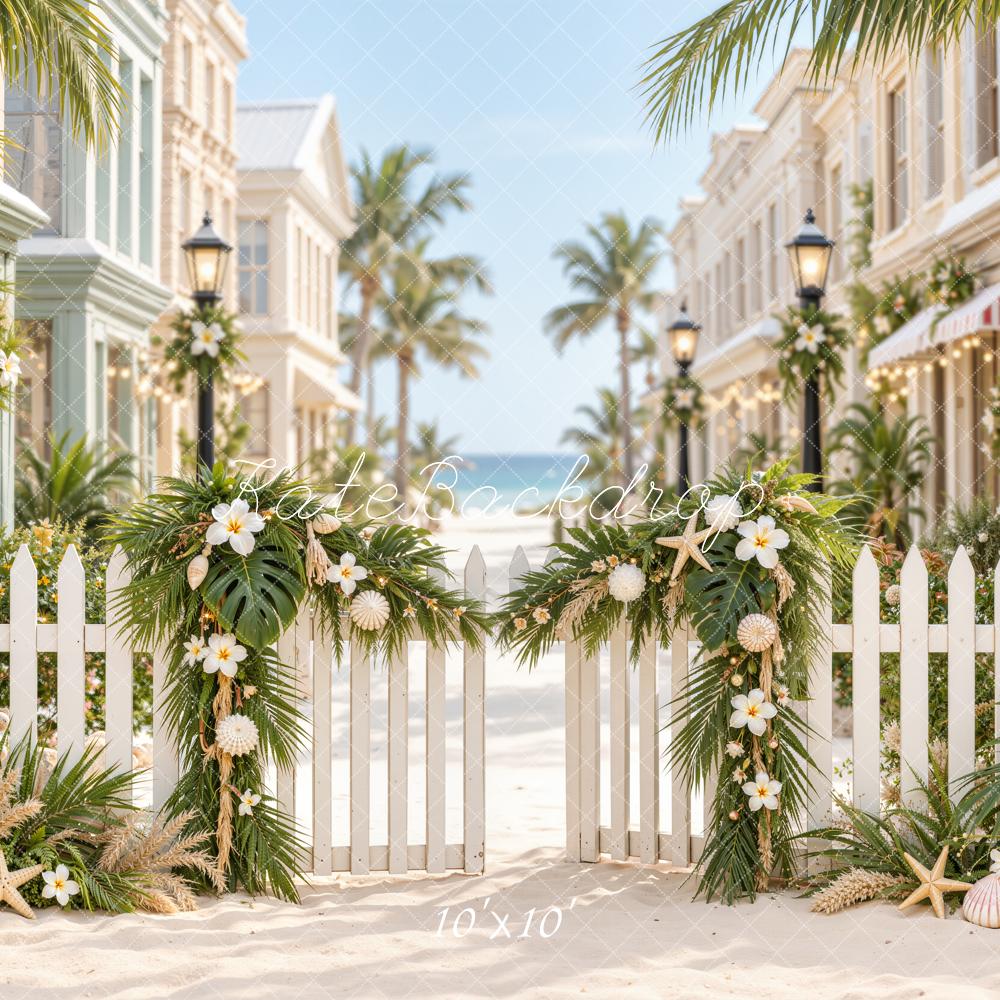Kate Beach Coastal Resort Tropical Street Flower Fence Printed Backdrop Designed by Emetselch