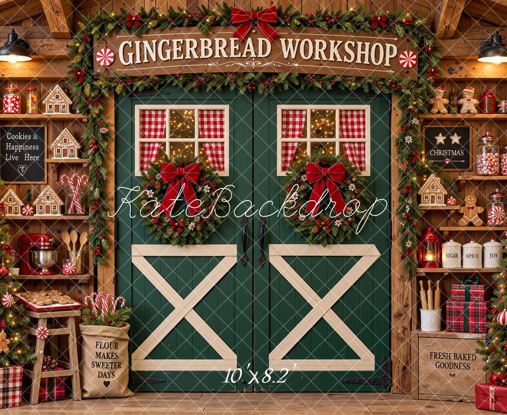 Kate Christmas Gingerbread Workshop Green Barn Door Shelves Printed Backdrop Designed by Shutter Swan Studios