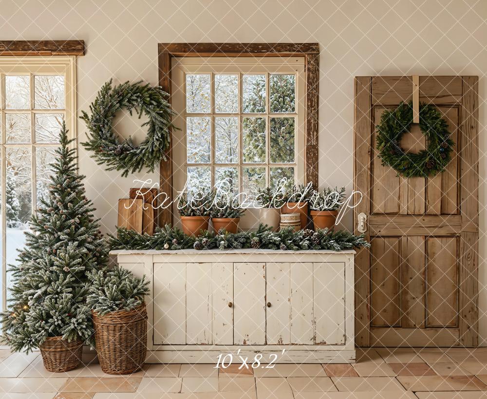 Kate Christmas Neutral Pine Tree Wreath Vintage Door Cabinet Backdrop Designed by Emetselch