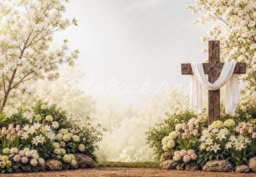 Kate Easter Cross Floral Garden Draped Fabric Printed Backdrop Designed by Shutter Swan Studios