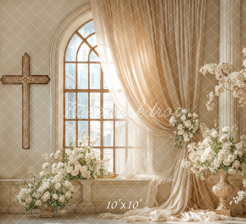 Kate Wedding Church Arched Window Cream Floral Column Backdrop Designed by Emetselch