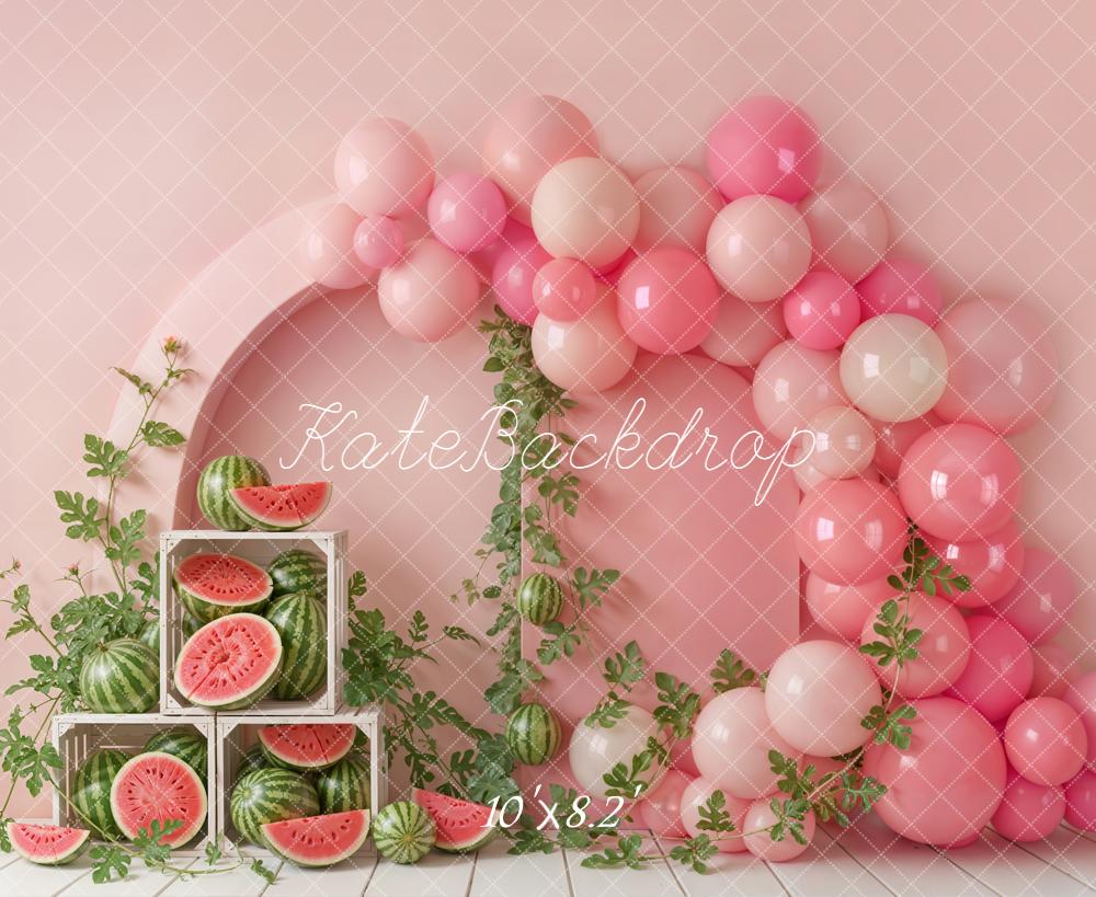 Kate Cake Smash Pink Balloon Arch Watermelon Crate Printed Backdrop Designed by Emetselch