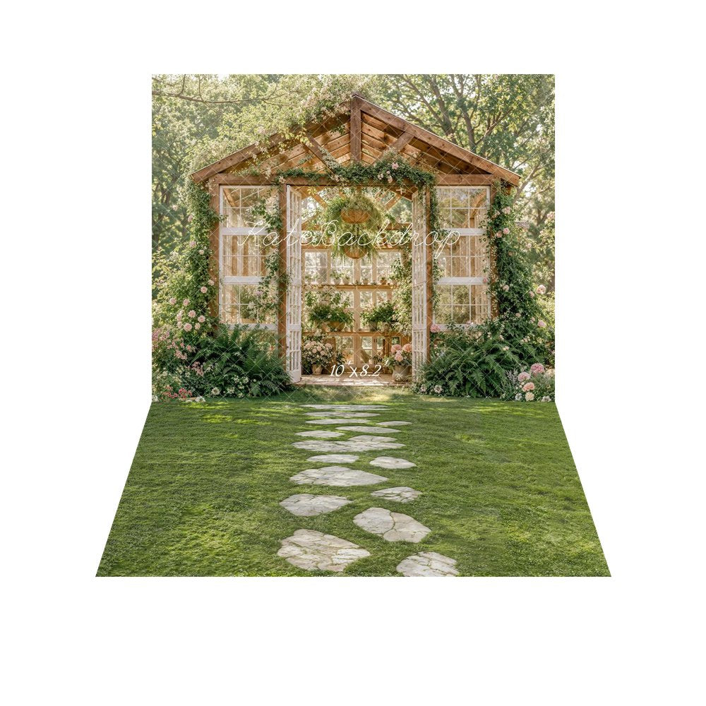 Kate Summer Flower Arch Greenhouse Garden Printed Backdrop+Stone Pathway on Green Grass Printed Backdrop