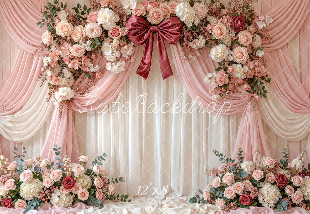 Kate Mother's Day Flower Arch Pink Drapes Roses Bow Printed Backdrop Designed by Emetselch