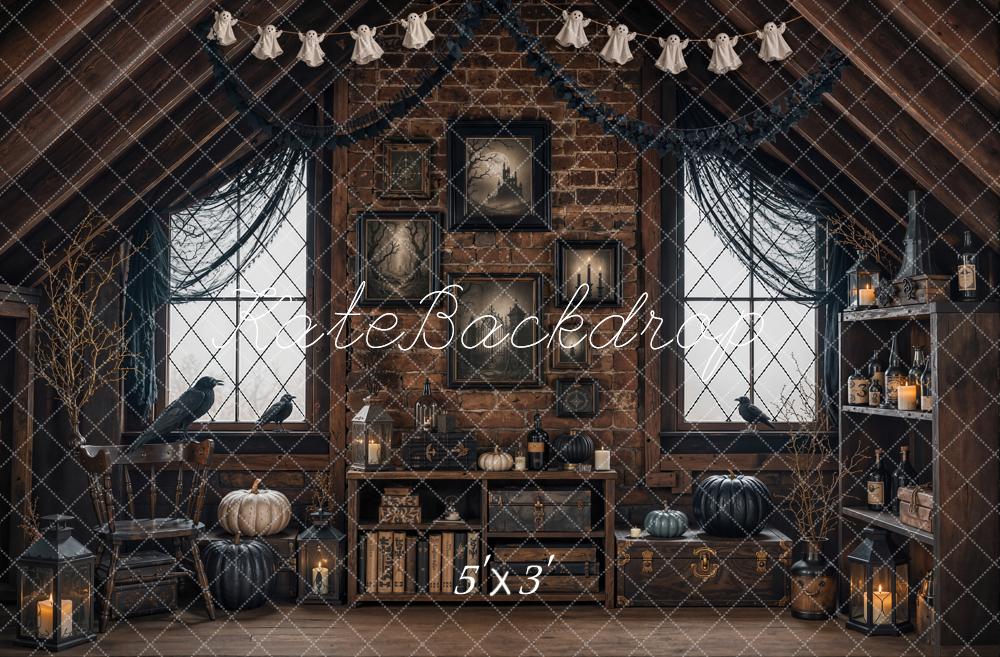 Kate Halloween Attic Ravens Black Pumpkins Brick Wall Printed Backdrop Designed by Emetselch