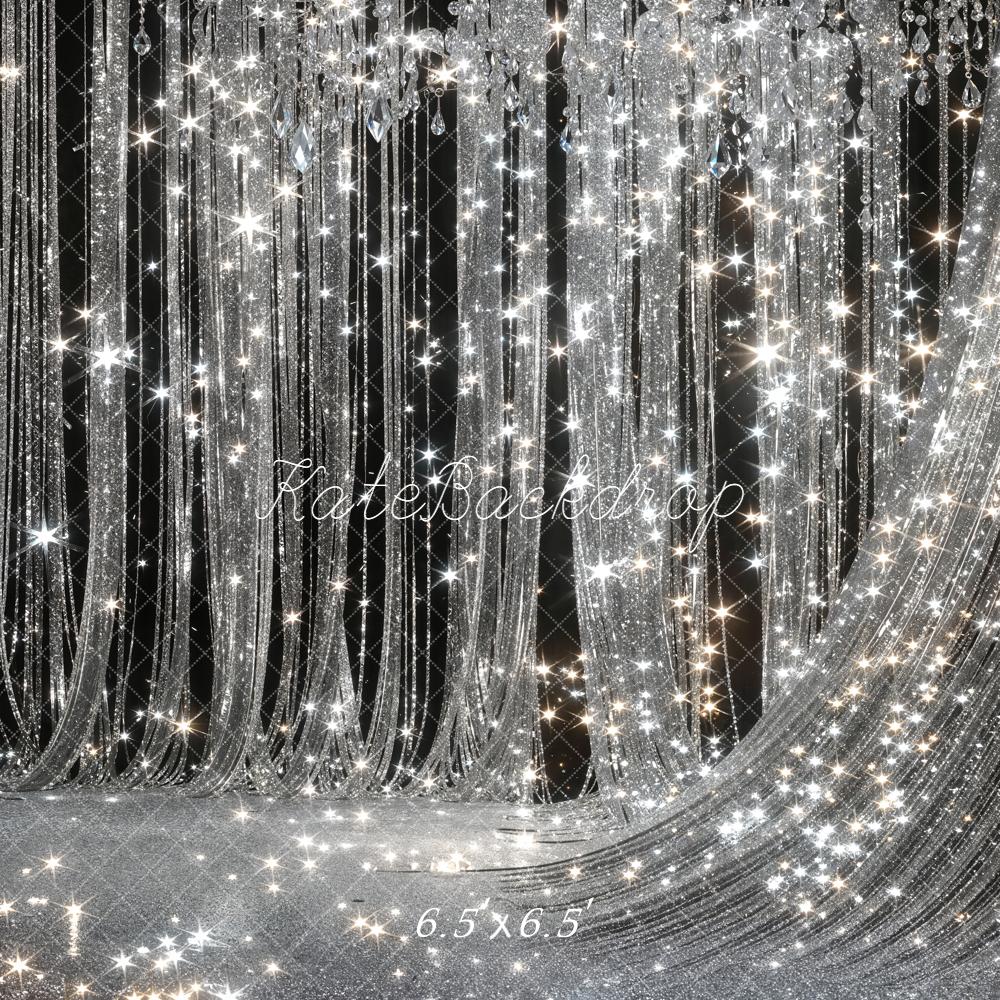 Kate Silver Glitter Crystal Chandelier Drapes Printed Backdrop Designed by Chain Photography