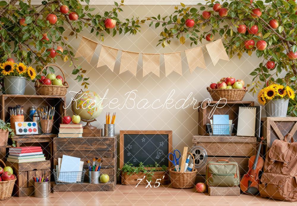 Kate Back To School Apple Classroom Chalkboard Sunflowers Printed Backdrop Designed by Mini MakeBelieve