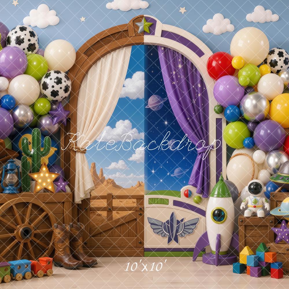 Kate Cake Smash Cowboy And Space Toys Balloon Arch Blue Wall Printed Backdrop Designed by Mini MakeBelieve