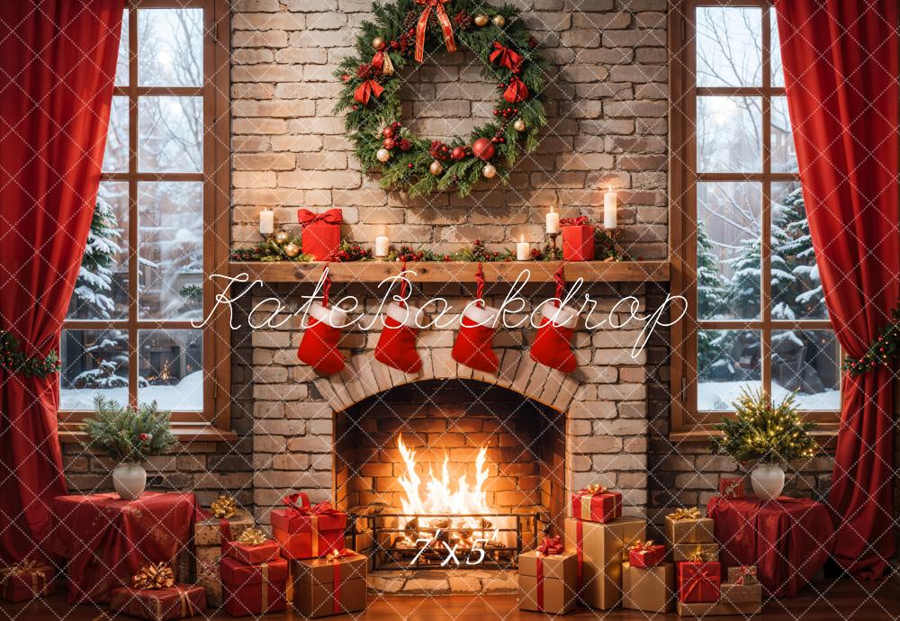 Cozy Festive Fireplace Holiday Backdrop