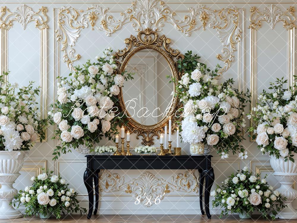 Kate Elegant Gold Mirror White Floral Arrangement Backdrop Designed by Mini MakeBelieve