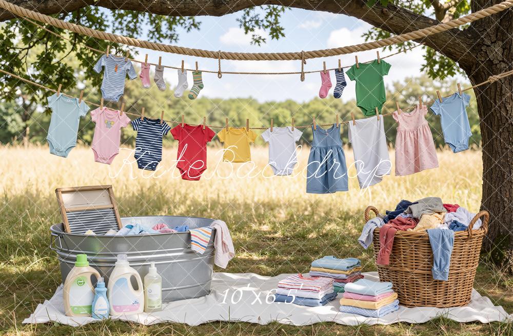 Kate Outdoor Clothesline Baby Laundry Picnic Scene Printed Backdrop Designed by Emetselch