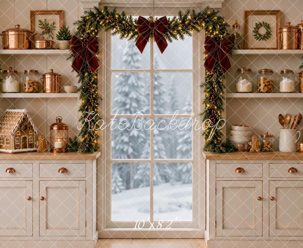 Kate Christmas White Kitchen Garland Door Gingerbread House Printed Backdrop Designed by Emetselch