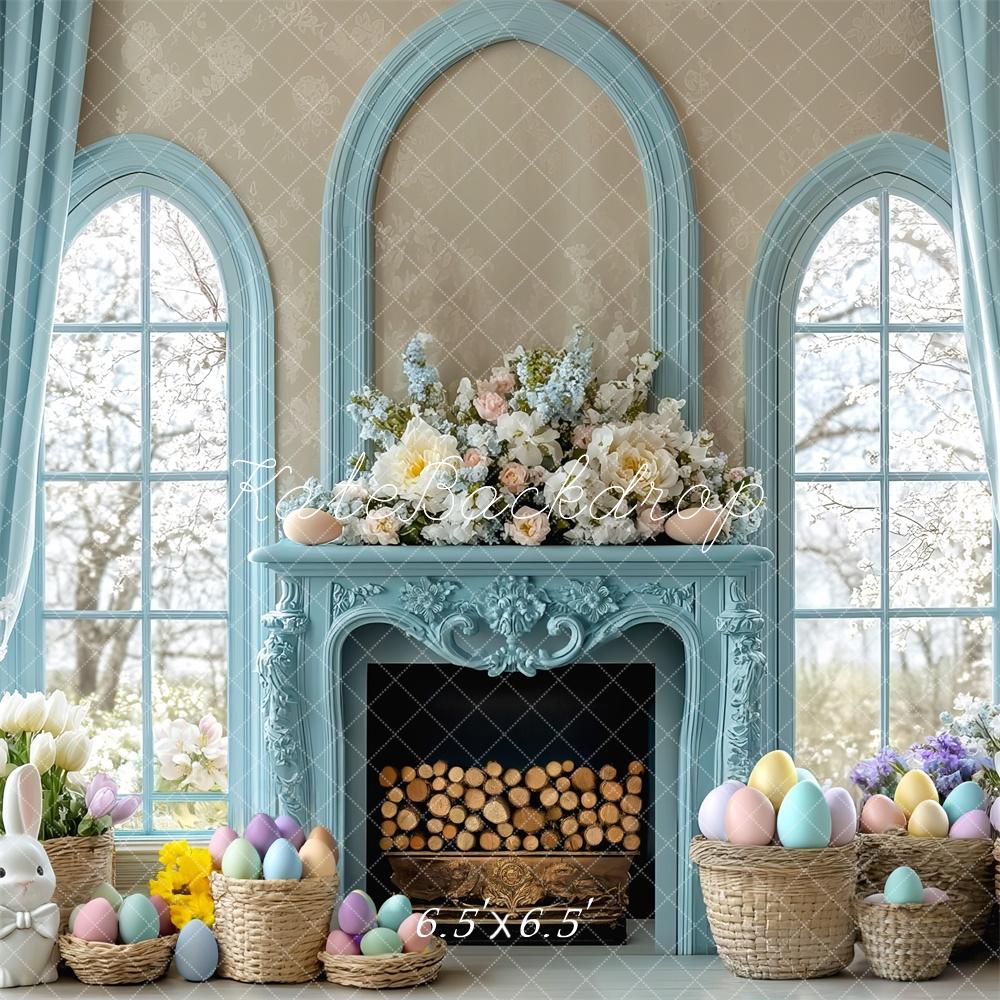 Kate Easter Bunny Floral Fireplace Blue Backdrop Designed by Mini MakeBelieve