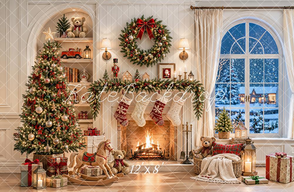 Kate Christmas White Fireplace Tree Wreath Toys Window Printed Backdrop Designed by Emetselch