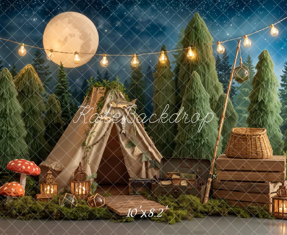 Kate Forest Tent Campfire Lantern Night Sky Printed Backdrop Designed by Emetselch