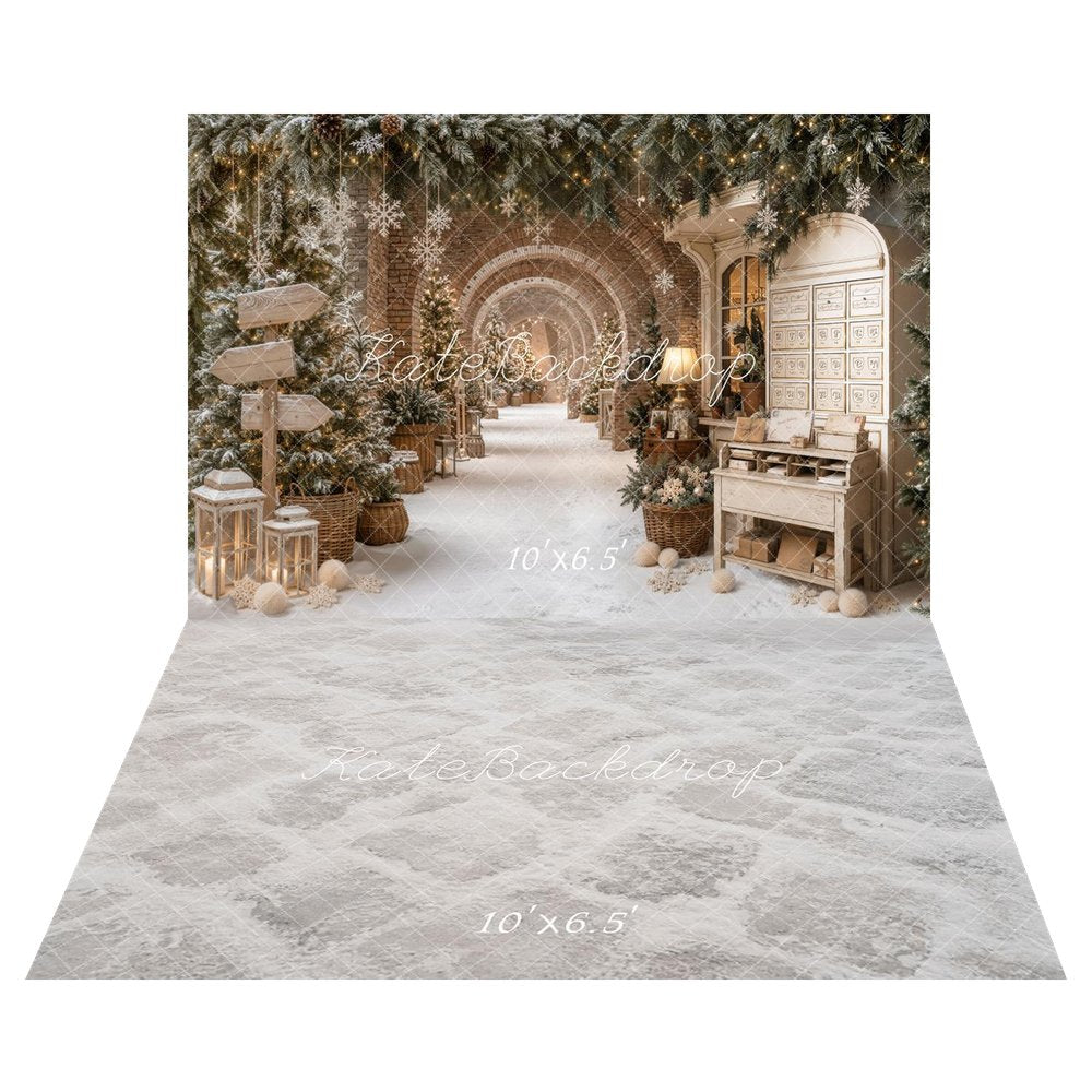 Kate Christmas Snowy Archway Pine Trees Lanterns Signpost Printed Backdrop+White Snowy Cobblestone Floor Printed Backdrop