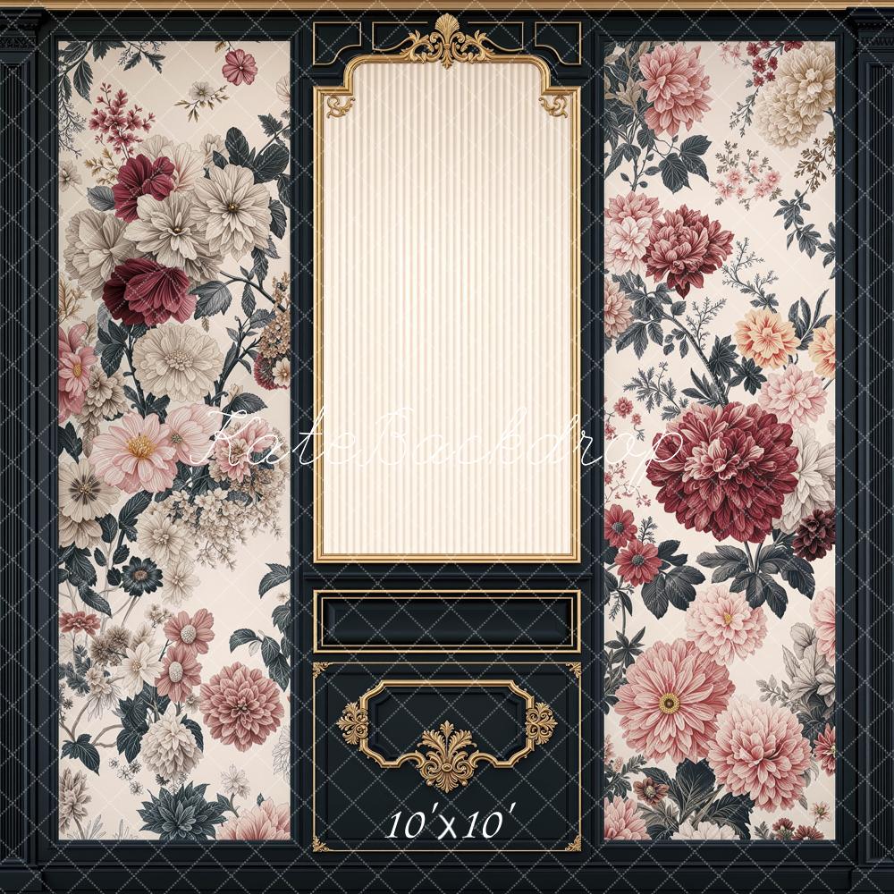 Kate Retro Ornate Black Gold Floral Wall Printed Backdrop Designed by Mini MakeBelieve
