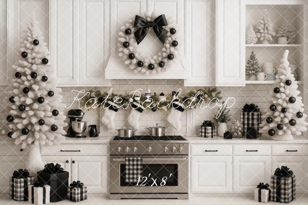 Kate Christmas Kitchen White Black Plaid Ornaments Trees Gifts Backdrop Designed by Ashley Paul