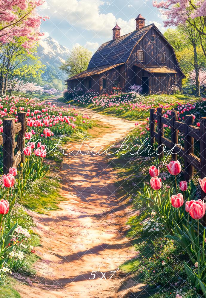 Kate Spring Cottage Floral Tulip Path Backdrop Designed by Emetselch