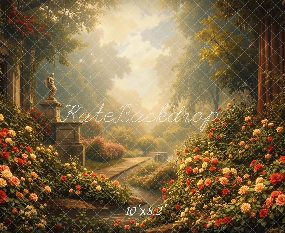 Kate Spring Garden Roses Statue Pathway Backdrop Designed by Mini MakeBelieve