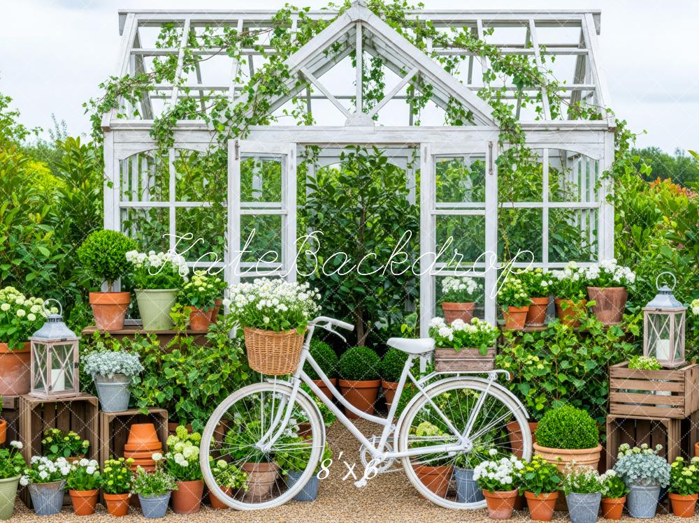 Kate Spring Greenhouse White Bicycle Flower Pots Lanterns Backdrop Designed by Patty Roberts