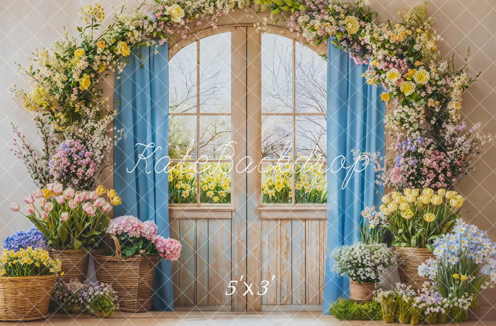Kate Spring Flower Arch Window Blue Curtain Baskets Backdrop Designed by Emetselch