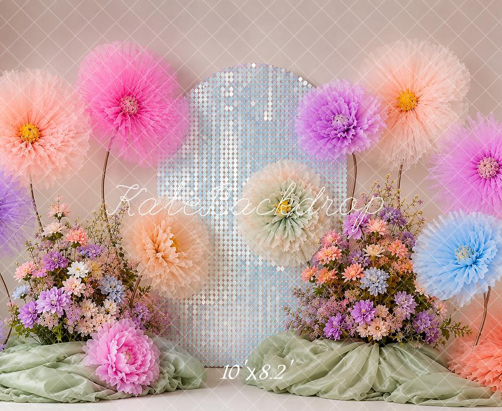 Kate Cake Smash Pastel Paper Flowers Sequin Arch Printed Backdrop Designed by Shutter Swan Studios