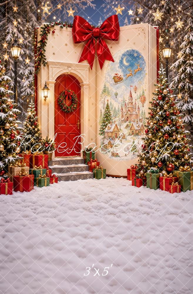 Kate Christmas Storybook Snowy Doorway Red Bow Christmas Trees Castle Printed Backdrop Designed by Emetselch