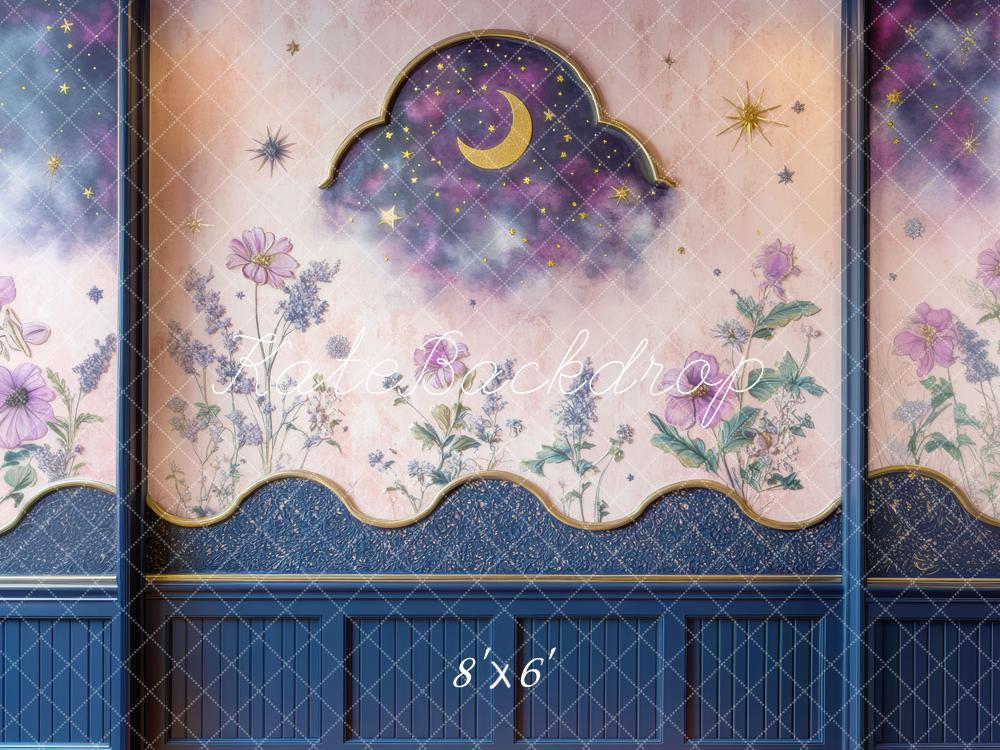 Kate Fine Art Moon Stars Floral Night Sky Wall Backdrop Designed by Mini MakeBelieve