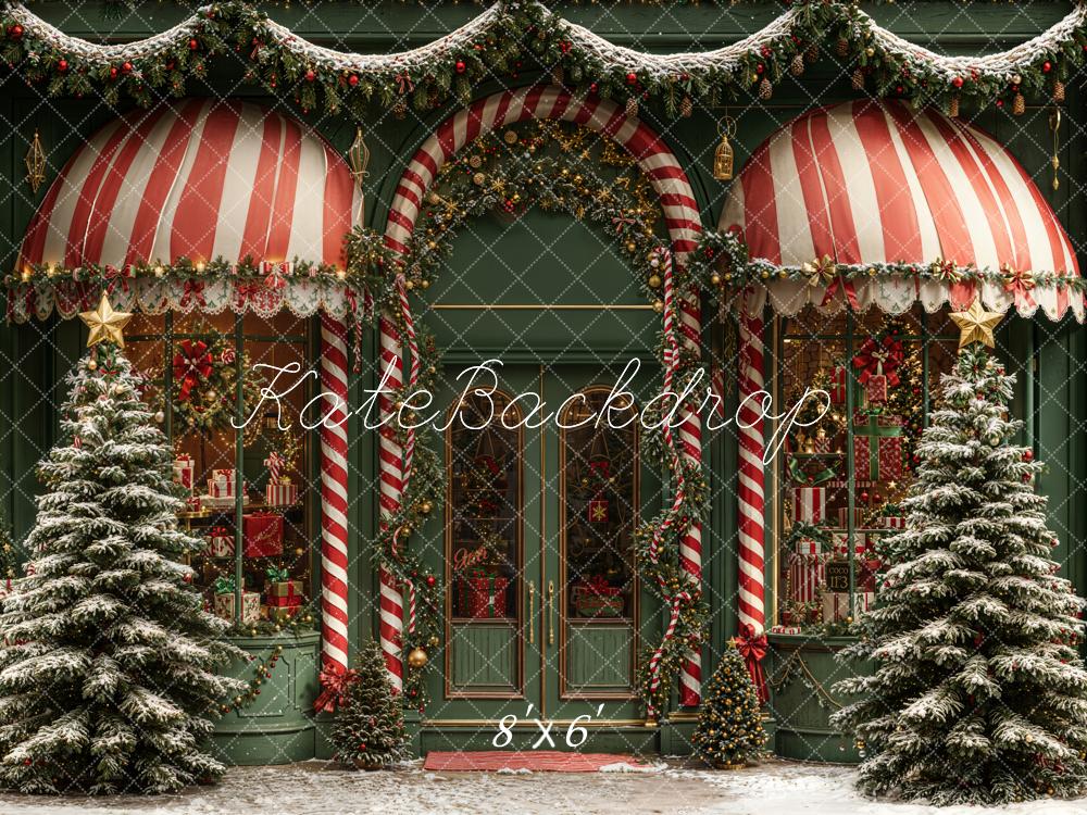 Kate Christmas Shop Candy Cane Striped Awning Snowy Trees Backdrop Designed by Emetselch