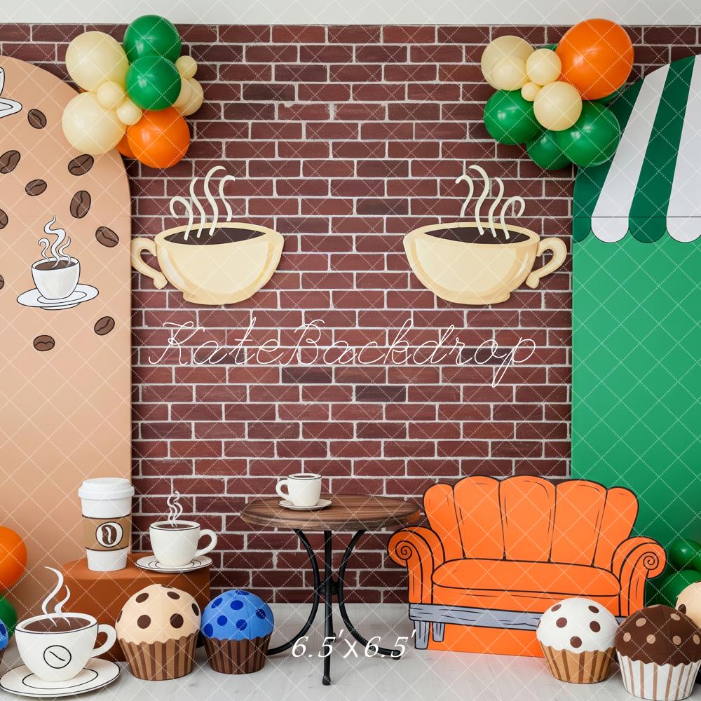 Kate Cake Smash Coffee Shop Brick Wall Cups Muffins Couch Backdrop Designed by Patty Roberts