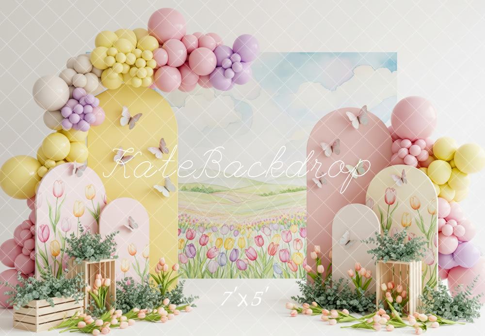 Kate Spring Pastel Balloon Arch Tulips Field Butterflies Backdrop Designed by Patty Roberts