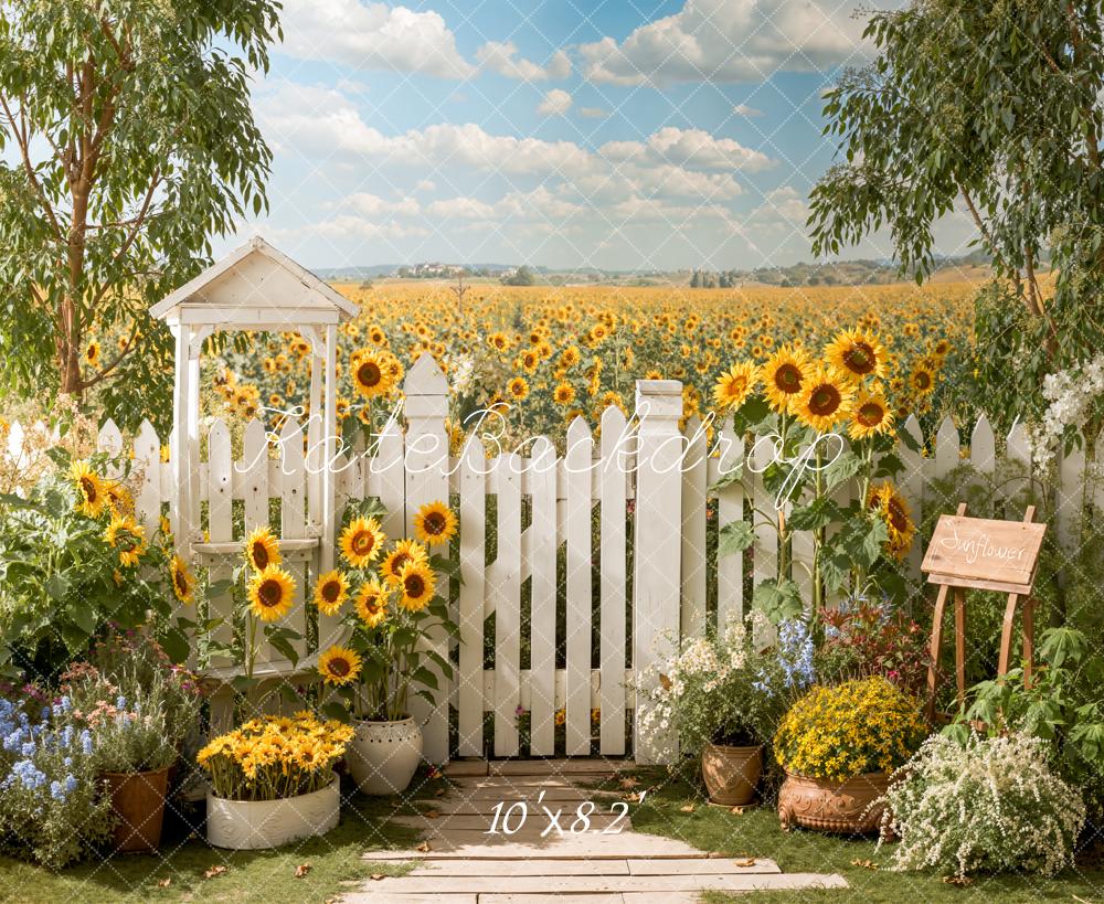 Kate Summer Sunflower Field White Picket Fence Garden Printed Backdrop Designed by Emetselch