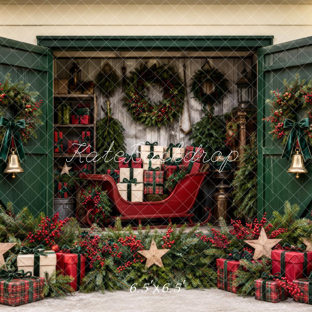 Kate Christmas Green Door Sleigh Wreath Gift Display Printed Backdrop Designed by Patty Roberts