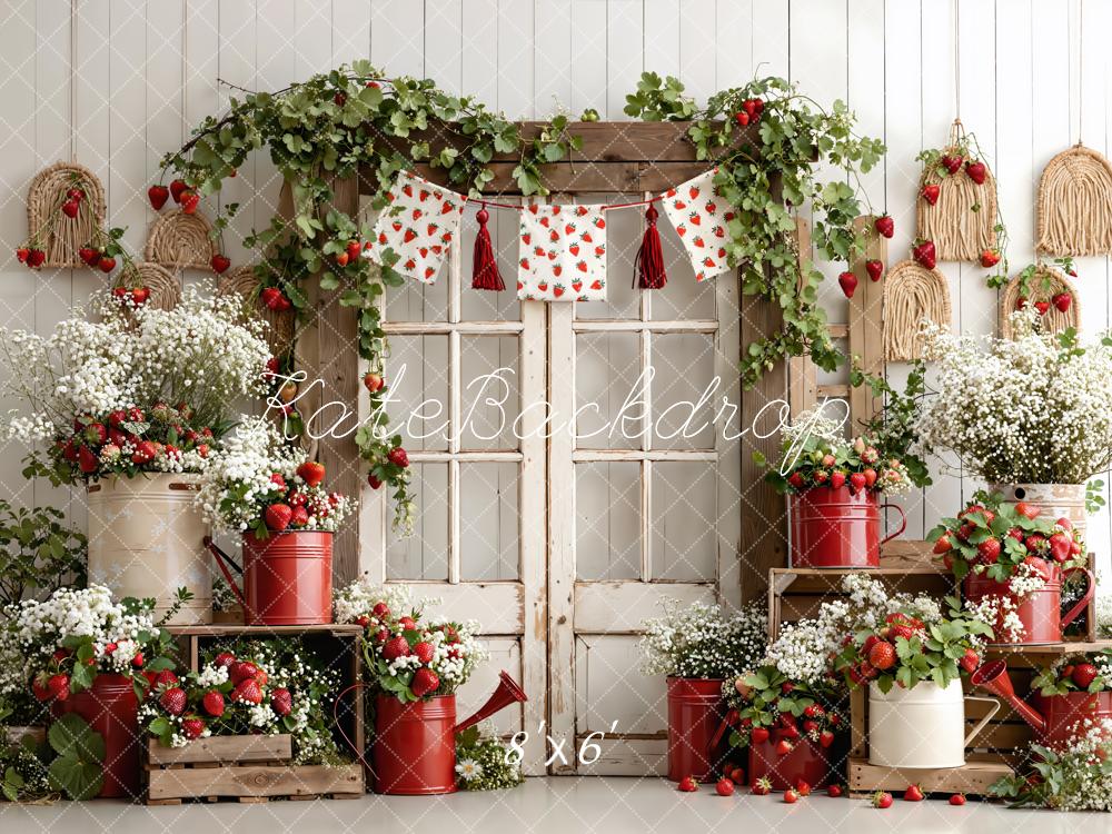 Kate Summer Strawberry Garland Rustic Window Watering Can Floral Crate Printed Backdrop Designed by Emetselch