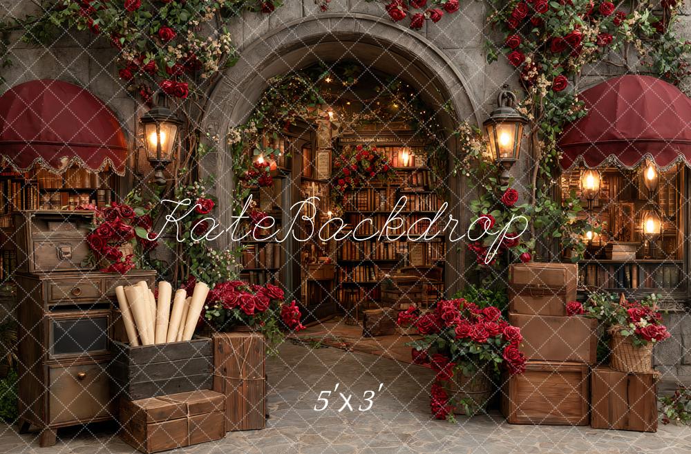 Kate Valentine's Day Vintage Library Archway Red Roses Bookshelves Lanterns Backdrop Designed by Ashley Paul
