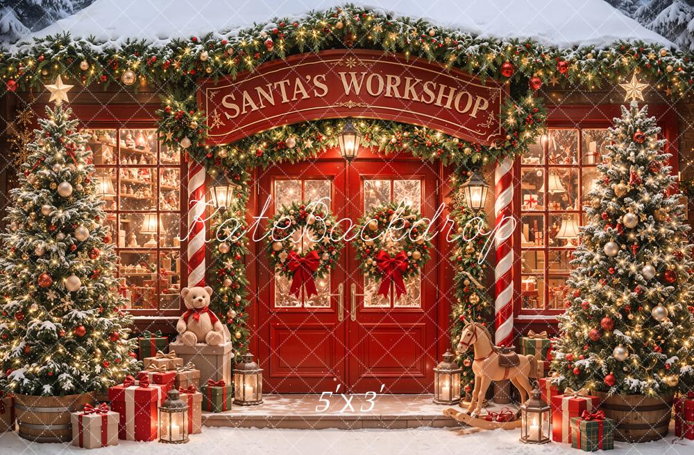 Kate Christmas Santa's Workshop Red Door Trees Presents Printed Backdrop Designed by Emetselch