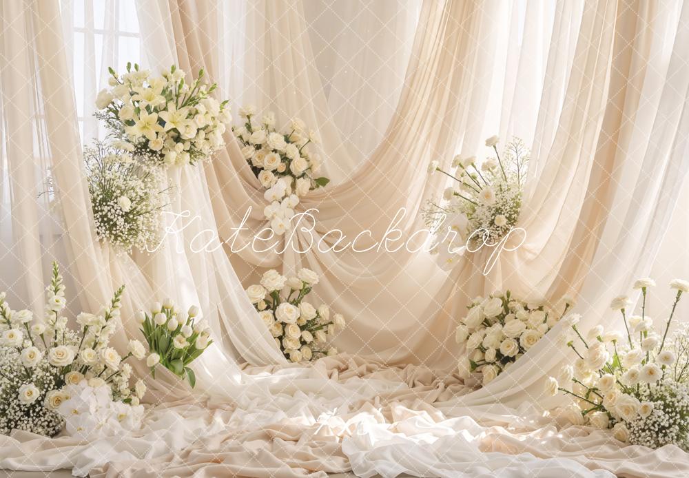 Kate Wedding Cream Drapes White Flowers Backdrop Designed by Mini MakeBelieve