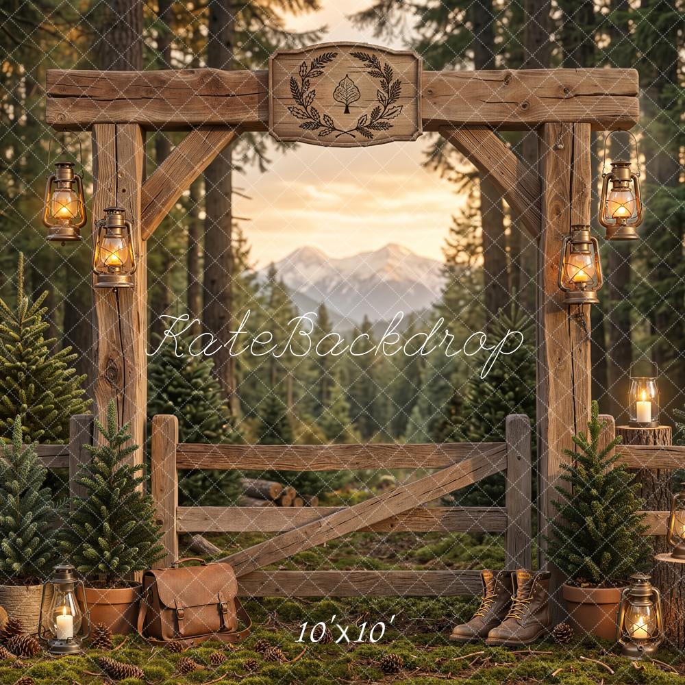 Kate Hiking Forest Wooden Arch Pine Trees Lanterns Printed Backdrop Designed by Emetselch