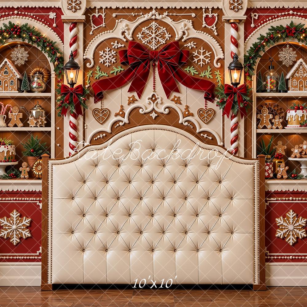 Kate Christmas Gingerbread Headboard Trees Shelves Bow Printed Backdrop Designed by Shutter Swan Studios