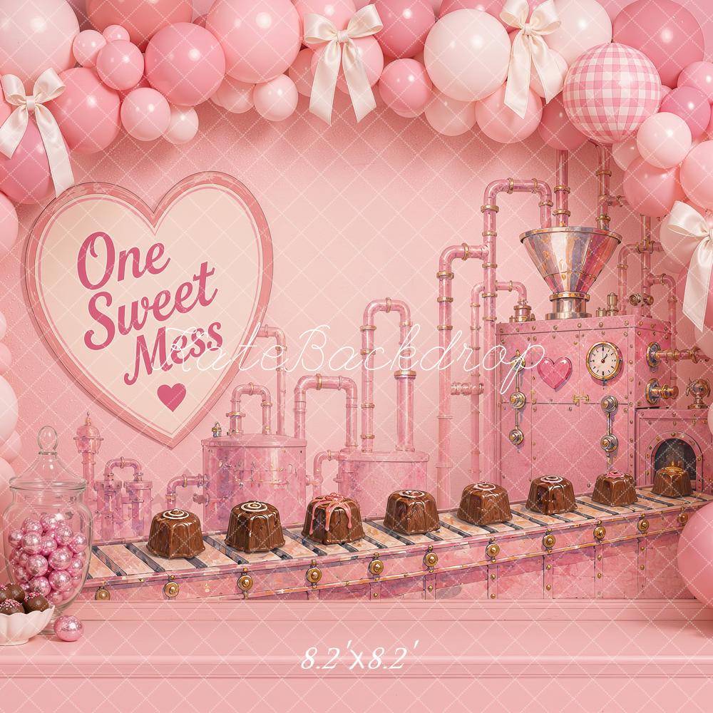 Kate Cake Smash Pink Candy Factory Balloon Arch Chocolates Printed Backdrop Designed by Ashley Ward