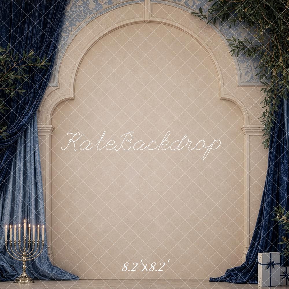 Kate Hanukkah Navy Drapes Arch Greenery Printed Backdrop Designed by Shutter Swan Studios